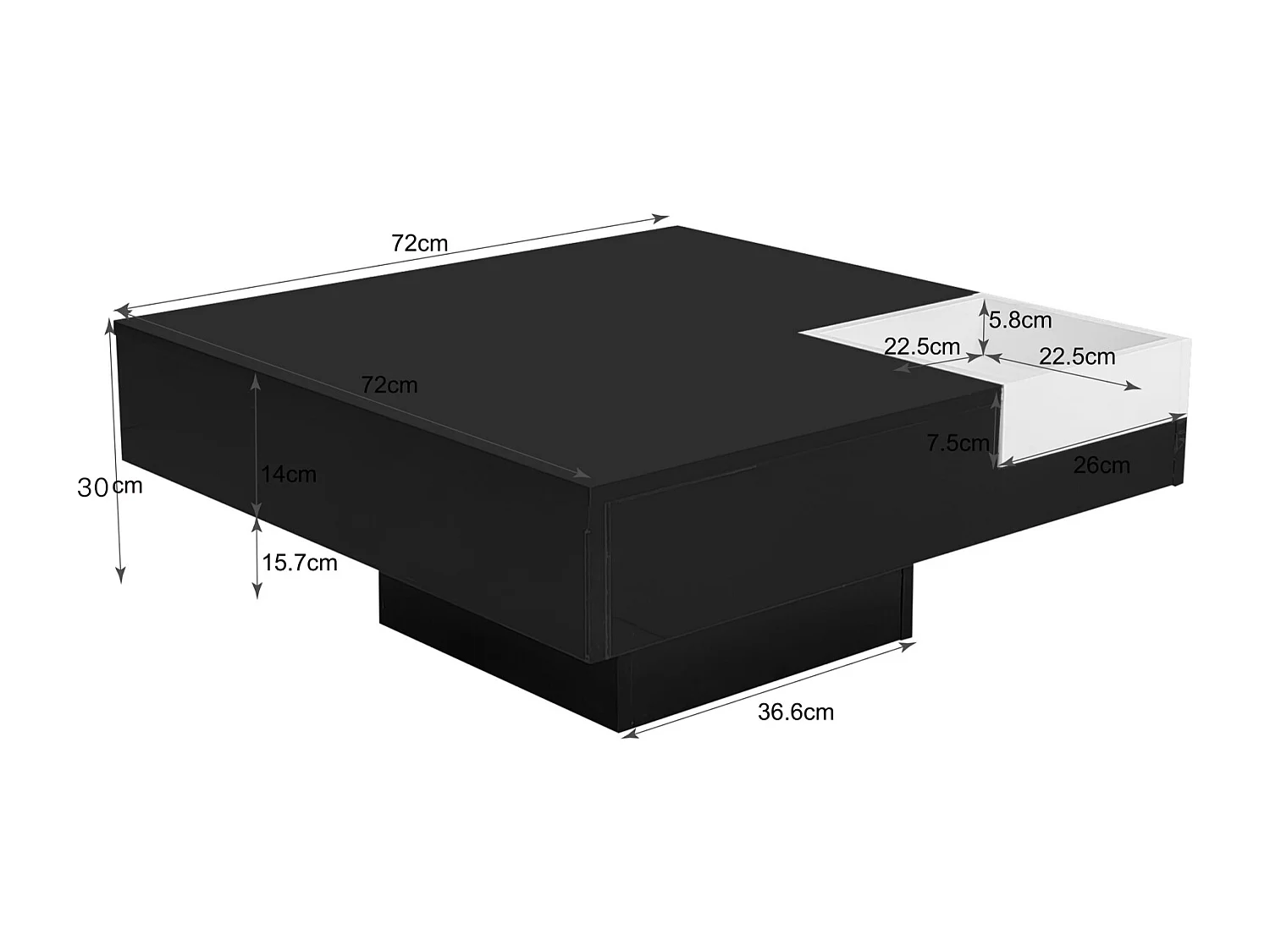 Glanzende salontafel met ledverlichting, bijzettafel met uitneembaar opbergvak, zwart + wit