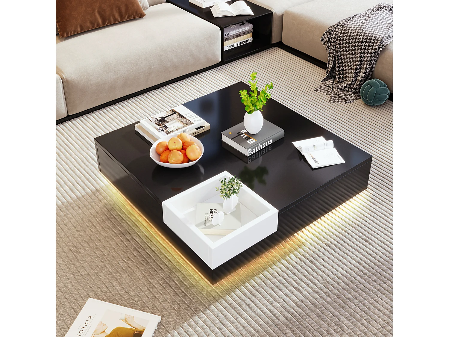 Glanzende salontafel met ledverlichting, bijzettafel met uitneembaar opbergvak, zwart + wit