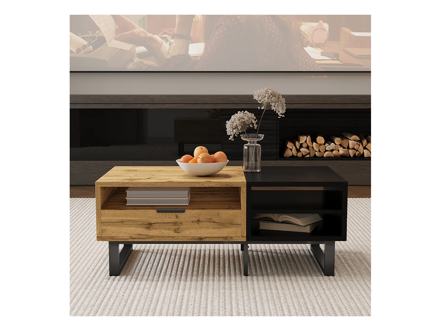 Elegante mesa de centro con estructura de bloques de color, compartimentos y cajones, patas de metal.