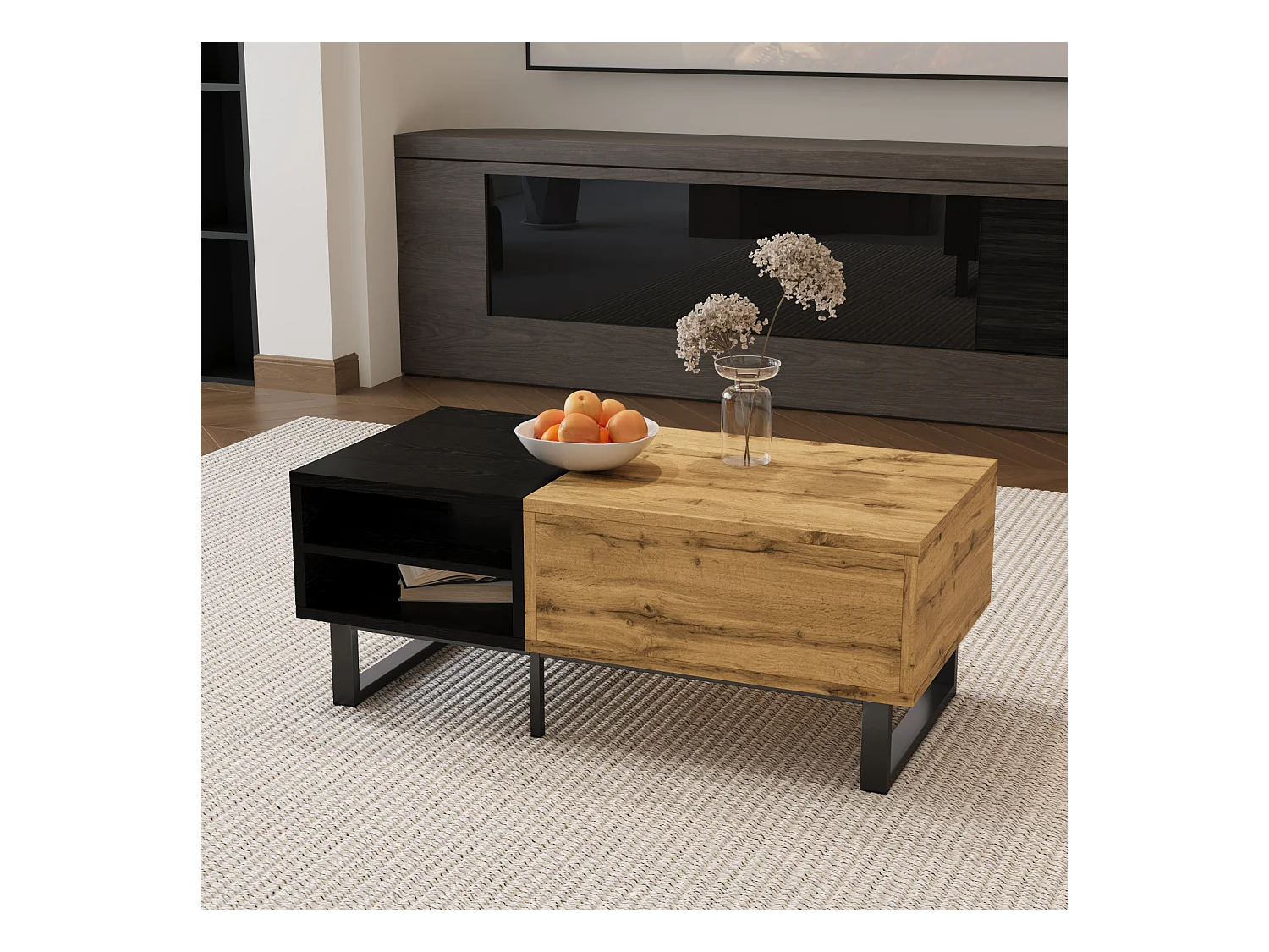 Elegante mesa de centro con estructura de bloques de color, compartimentos y cajones, patas de metal.