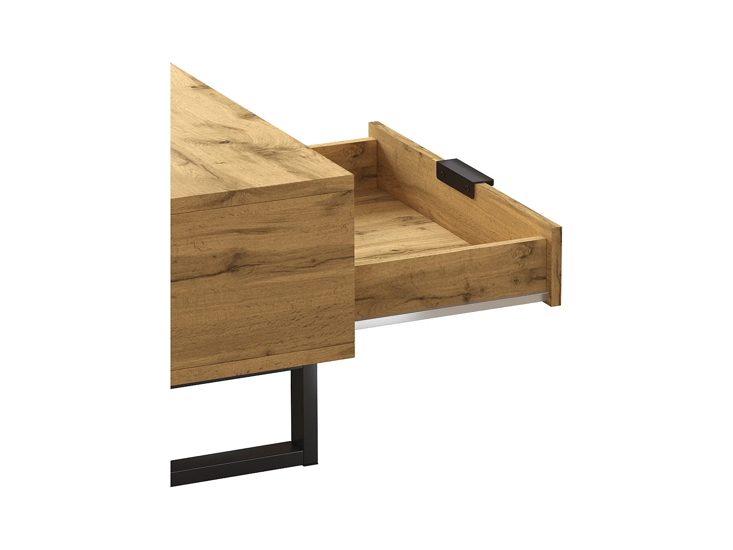 Elegante mesa de centro con estructura de bloques de color, compartimentos y cajones, patas de metal.