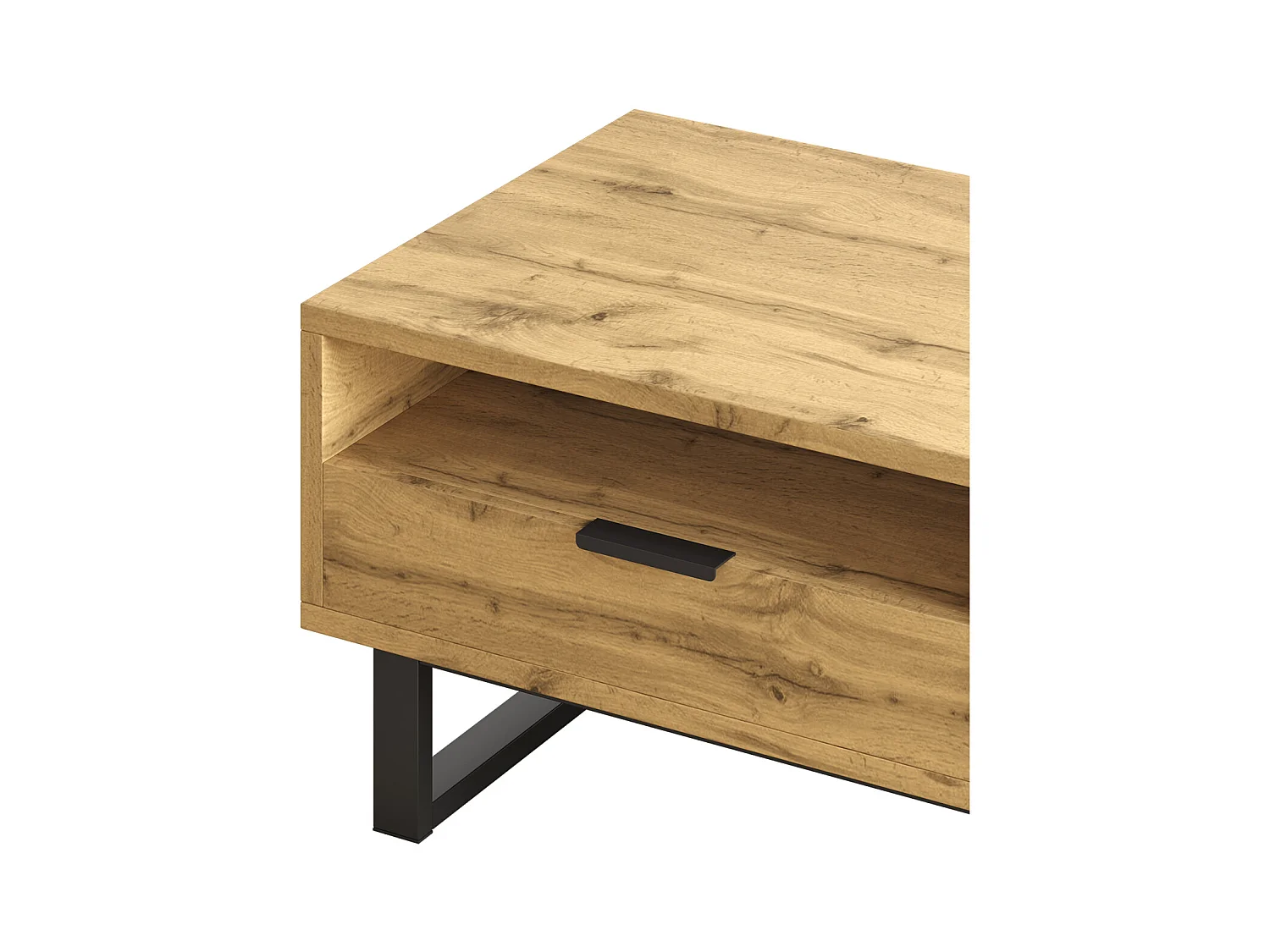 Elegante mesa de centro con estructura de bloques de color, compartimentos y cajones, patas de metal.