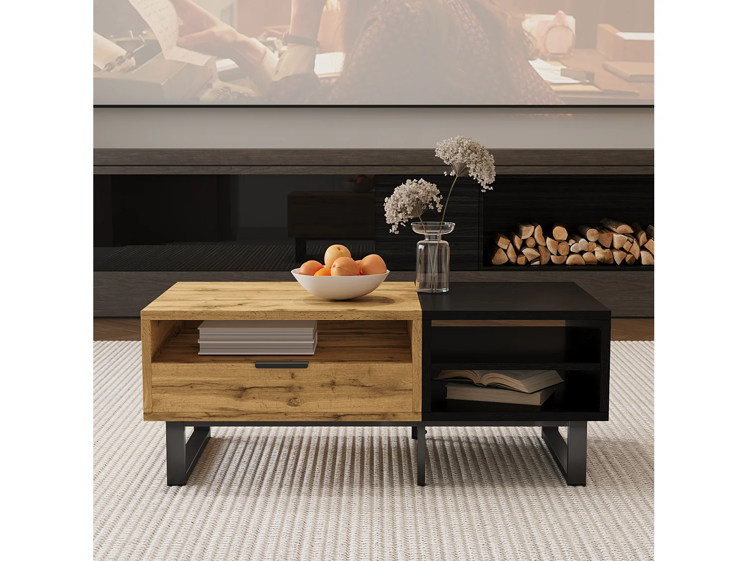 Table Basse élégante avec Structure en Blocs de Couleur, Compartiments et tiroirs, Pieds en métal