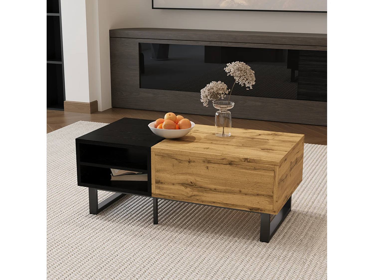 Table Basse élégante avec Structure en Blocs de Couleur, Compartiments et tiroirs, Pieds en métal