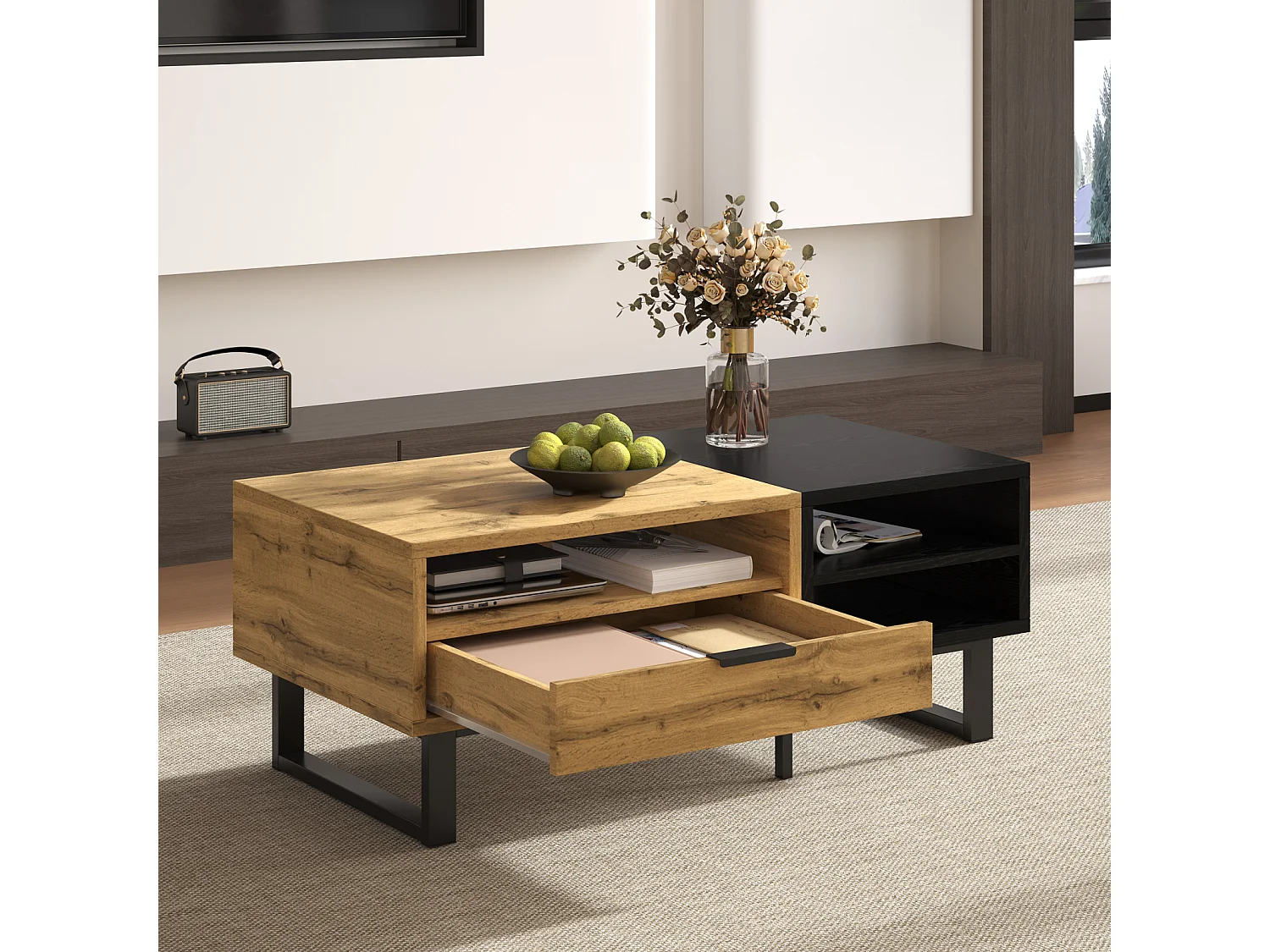 Table Basse élégante avec Structure en Blocs de Couleur, Compartiments et tiroirs, Pieds en métal