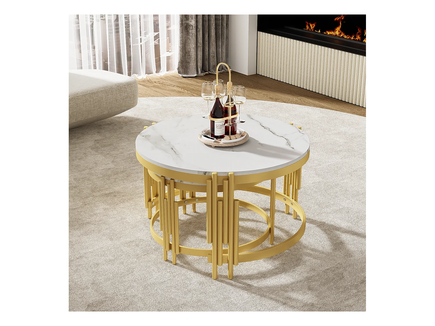 Lot de 2 tables basses, modernes, blanc, table d'appoint avec cadre en métal doré