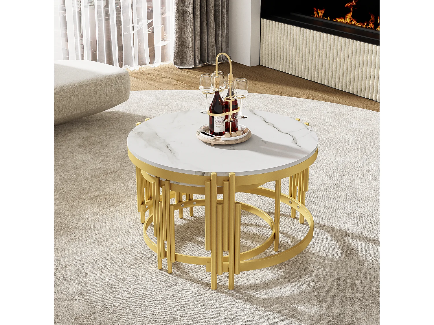 Lot de 2 tables basses, modernes, blanc, table d'appoint avec cadre en métal doré