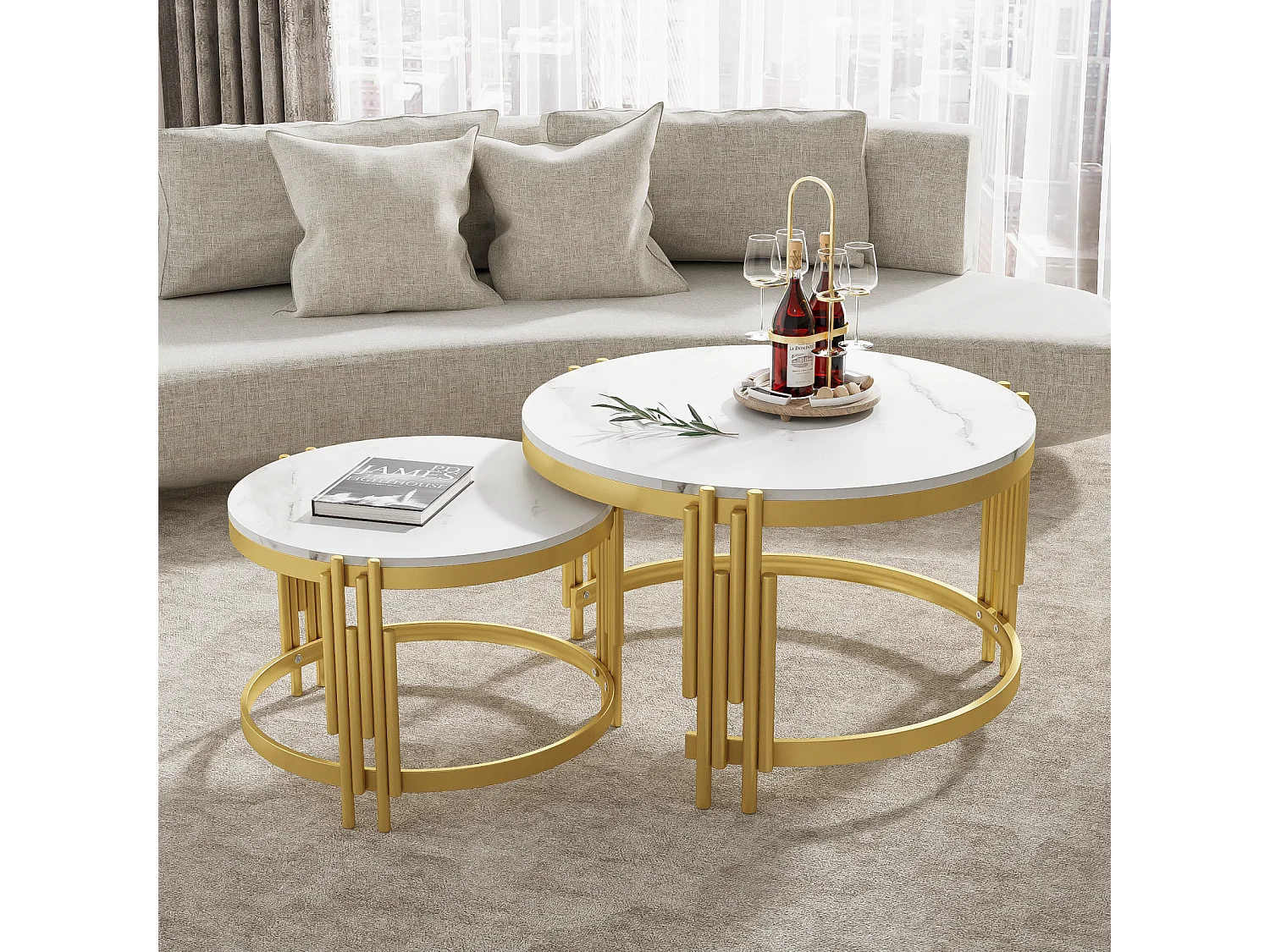 Set van 2 moderne witte salontafels en bijzettafels met gouden metalen frames