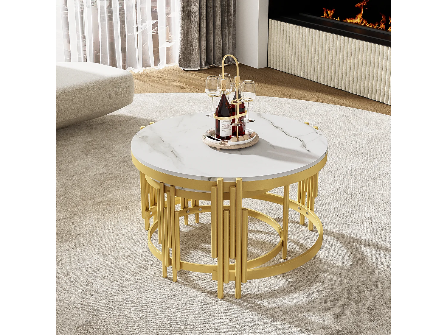 Set van 2 moderne witte salontafels en bijzettafels met gouden metalen frames