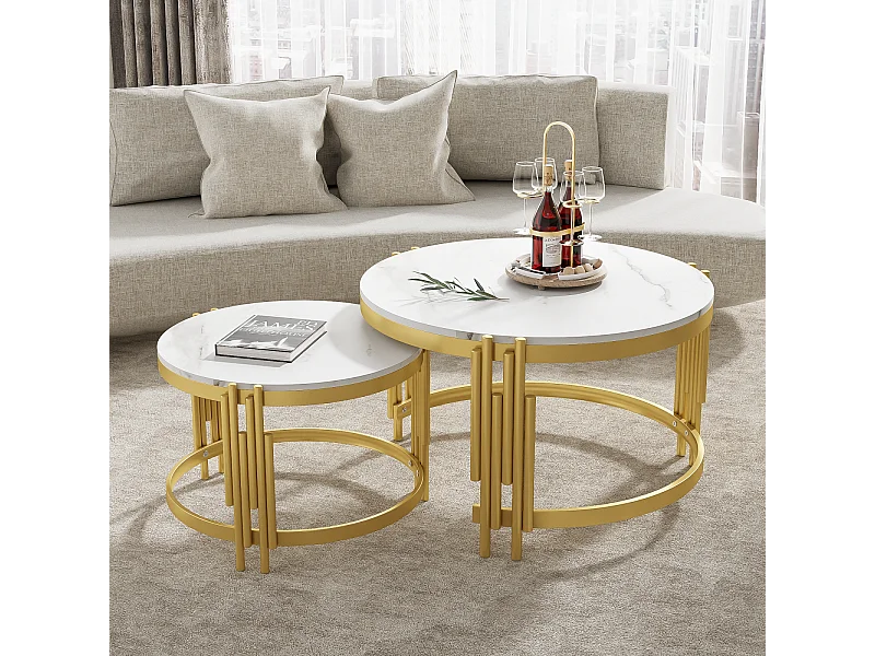 Juego de 2 mesas de centro blancas modernas, mesa auxiliar con estructura de metal dorado.