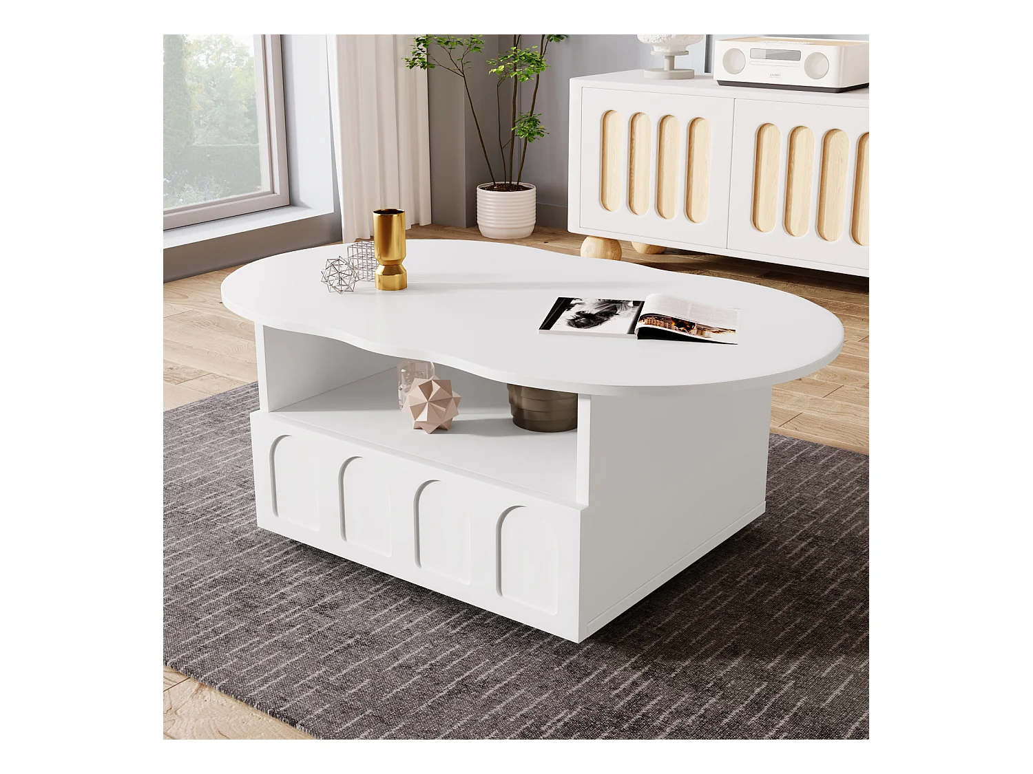 Table de salon avec tiroirs et compartiments de rangement, en forme de nuage, blanche