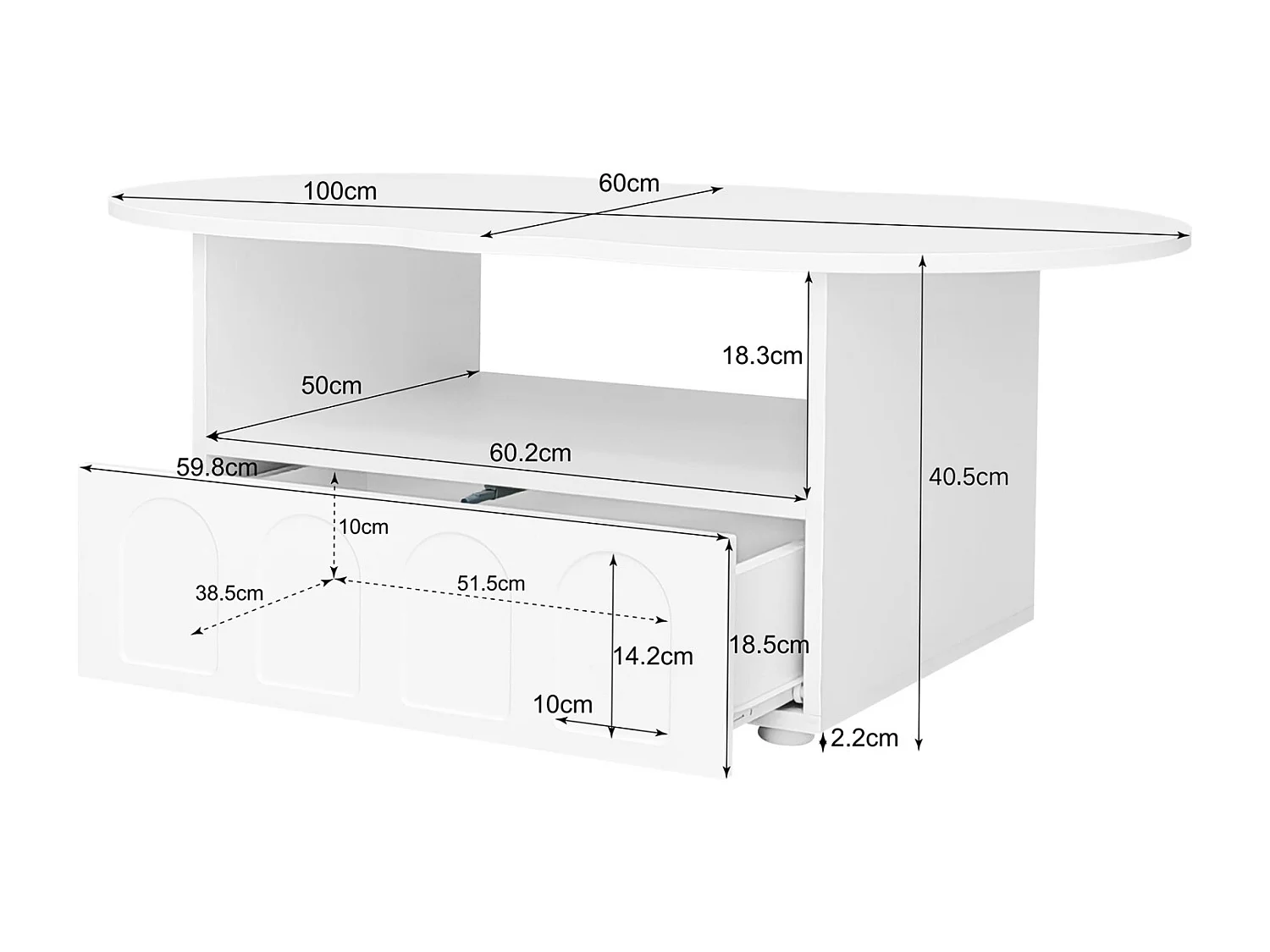 Table de salon avec tiroirs et compartiments de rangement, en forme de nuage, blanche