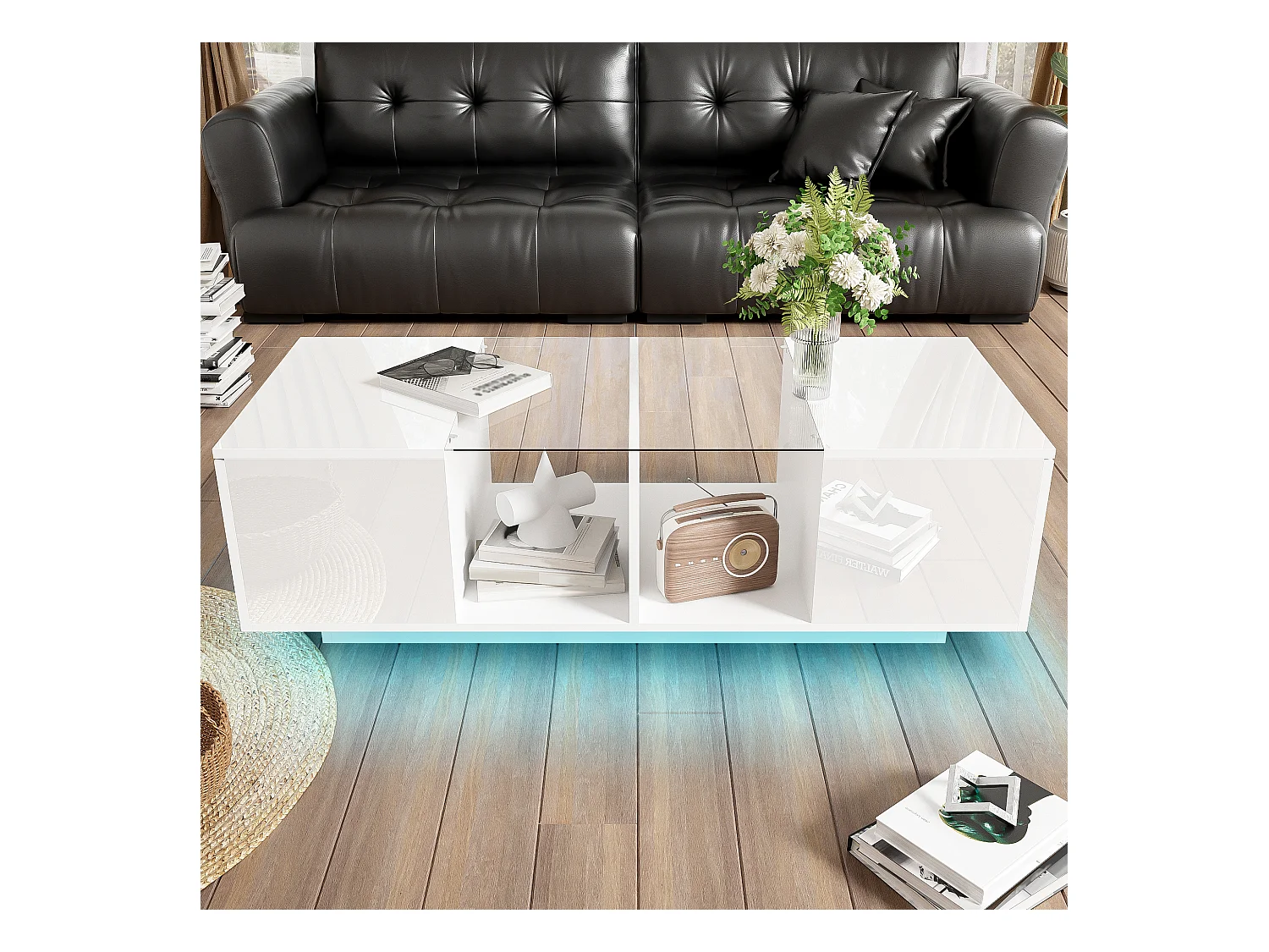 Table Basse Moderne Blanc avec LED, avec Deux Portes de Placard et Beaucoup d'espace de Rangement
