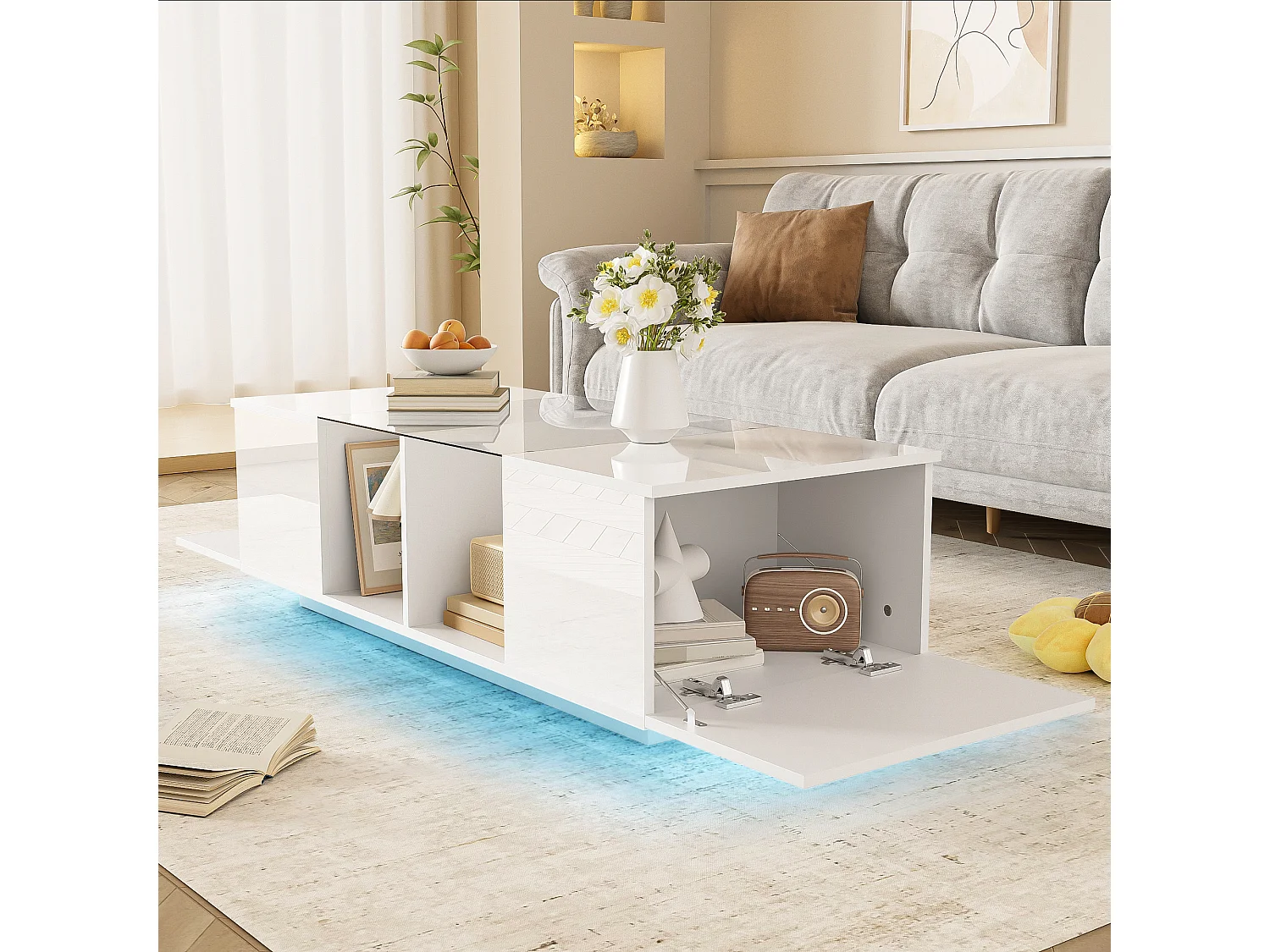 Mesa de centro blanca moderna con LED, dos puertas y amplio espacio de almacenamiento.