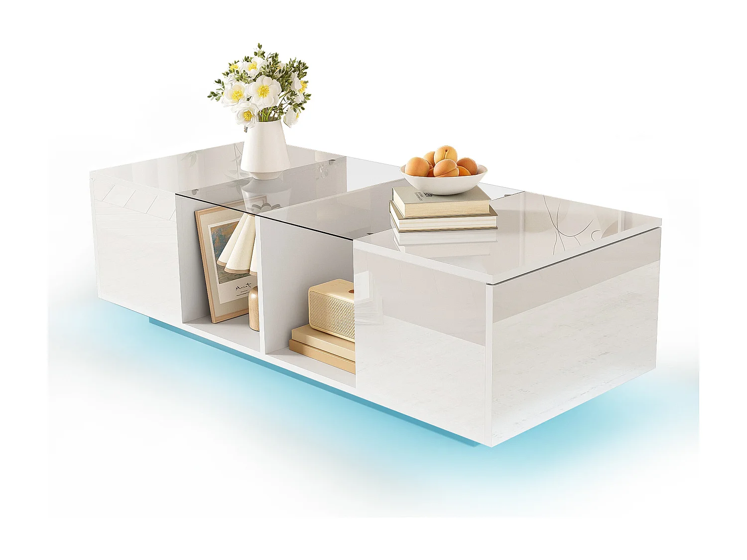 Table Basse Moderne Blanc avec LED, avec Deux Portes de Placard et Beaucoup d'espace de Rangement