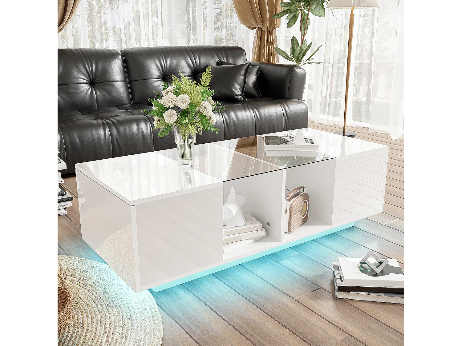 Table Basse Moderne Blanc avec LED, avec Deux Portes de Placard et Beaucoup d'espace de Rangement