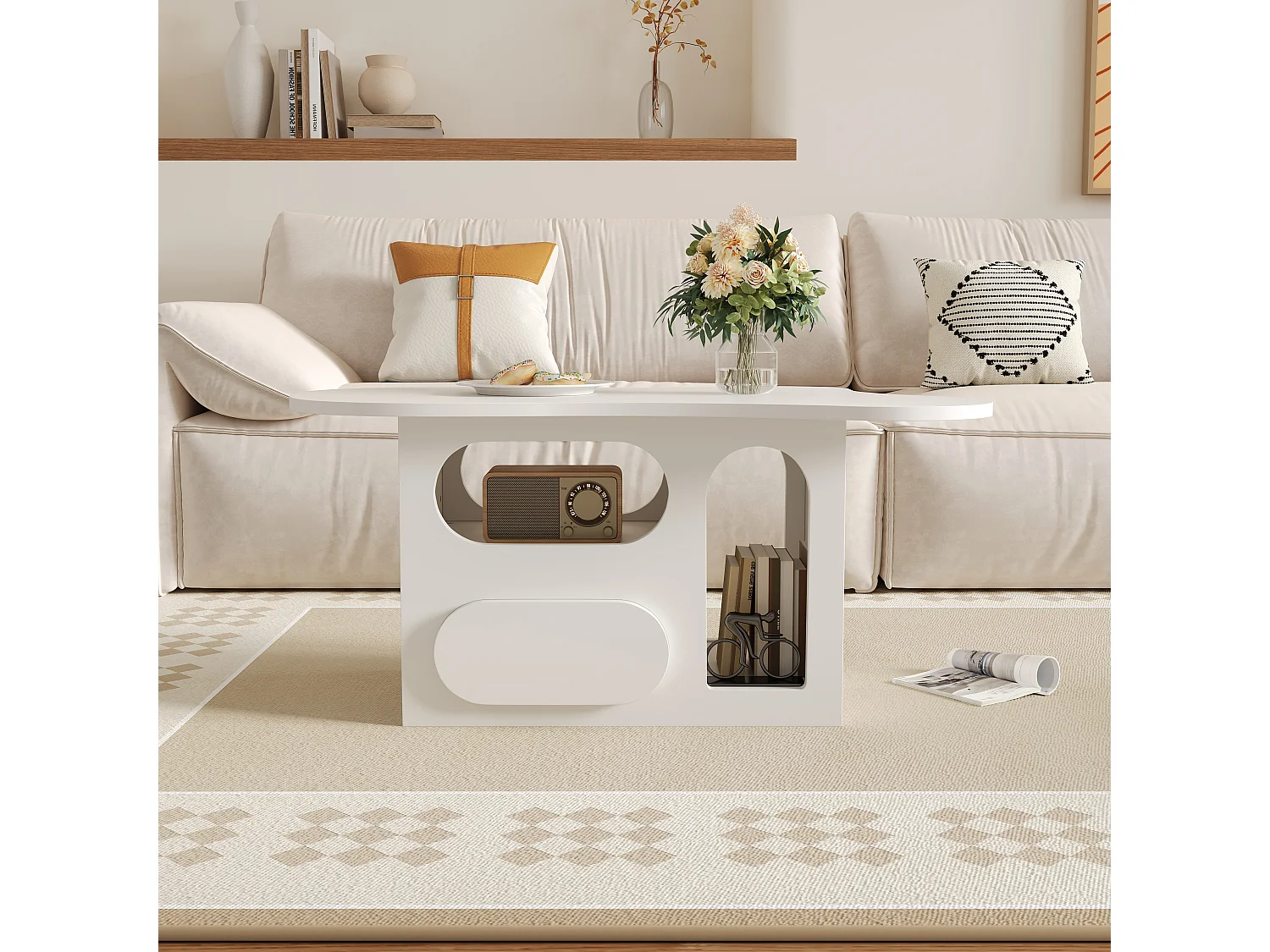 Table basse en forme de nuage avec tiroirs incurvés, compartiments de rangement ouverts, blanc
