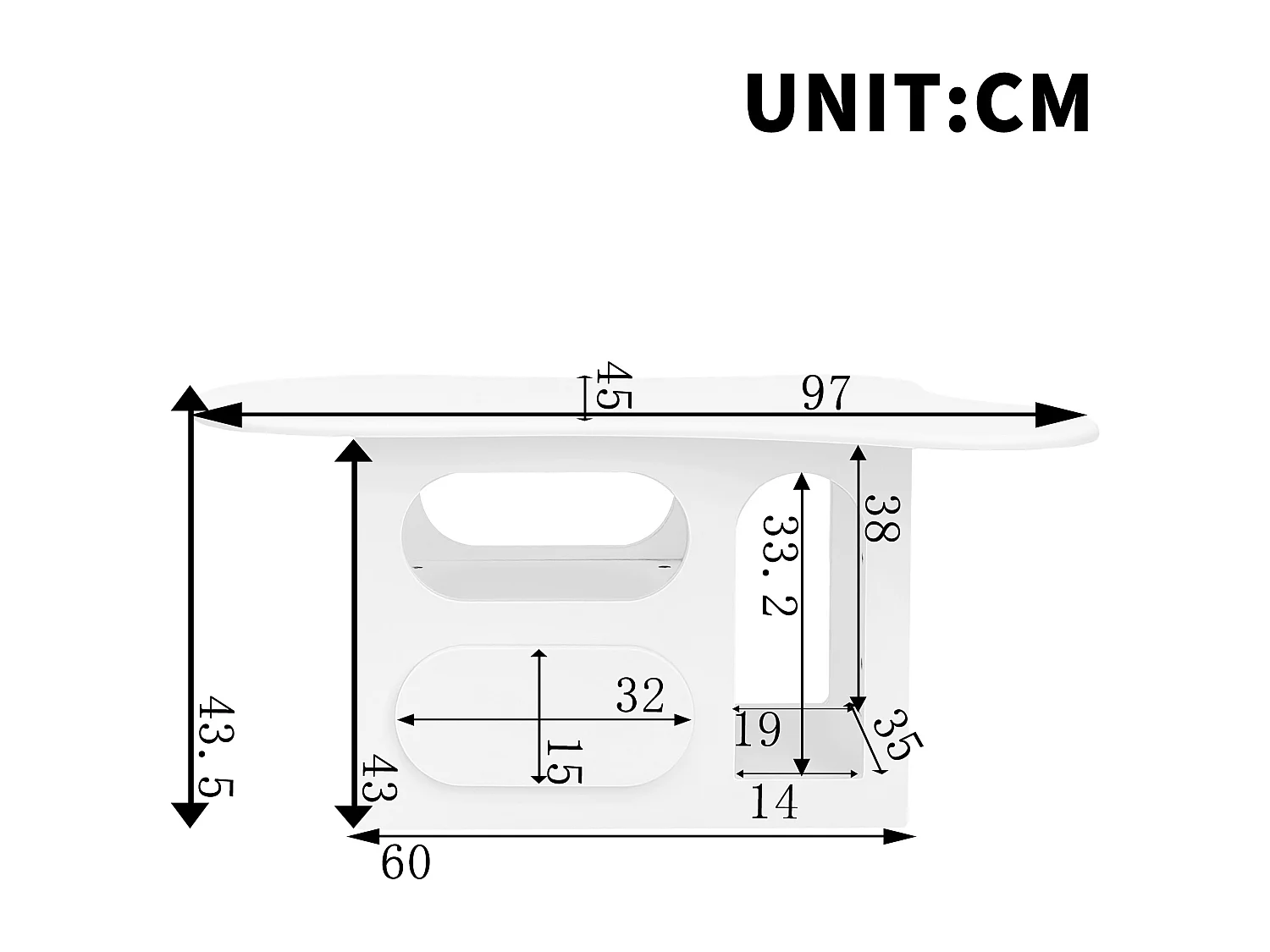 Table basse en forme de nuage avec tiroirs incurvés, compartiments de rangement ouverts, blanc