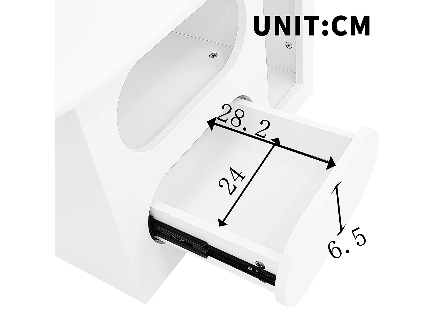 Table basse en forme de nuage avec tiroirs incurvés, compartiments de rangement ouverts, blanc