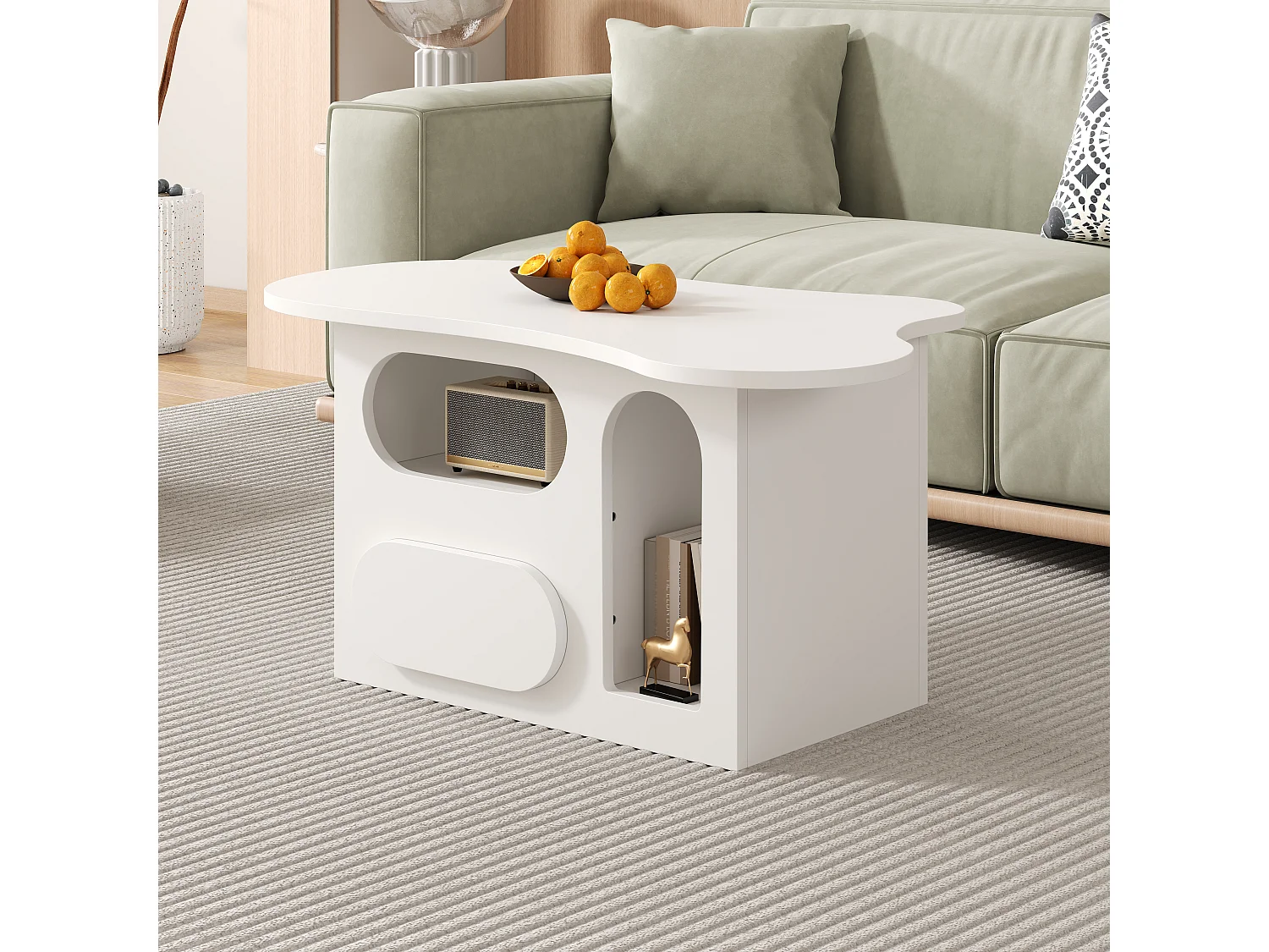 Table basse en forme de nuage avec tiroirs incurvés, compartiments de rangement ouverts, blanc