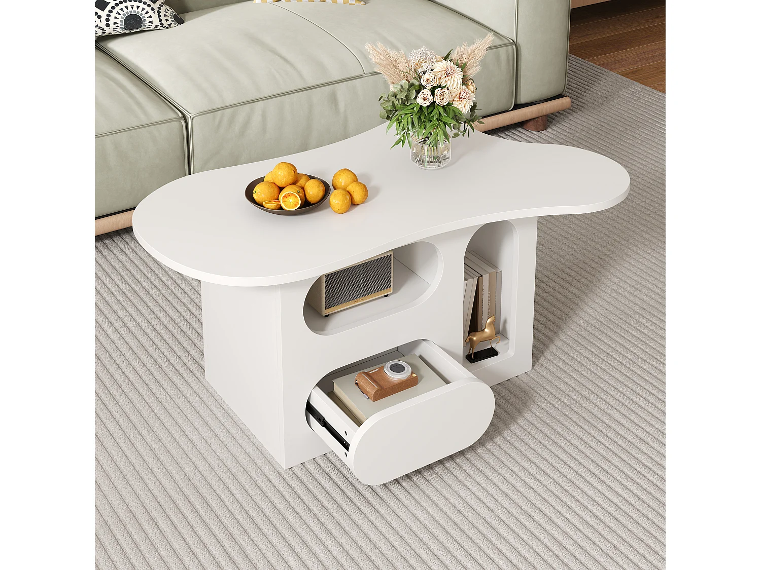 Table basse en forme de nuage avec tiroirs incurvés, compartiments de rangement ouverts, blanc