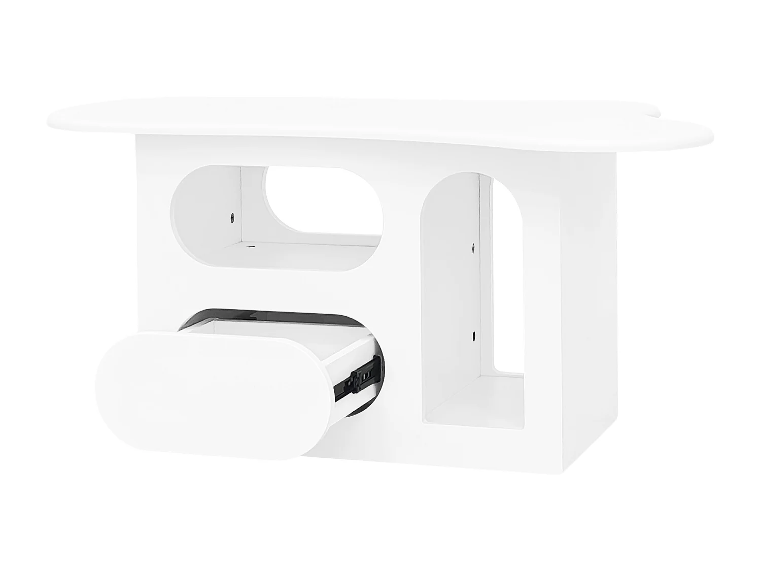 Table basse en forme de nuage avec tiroirs incurvés, compartiments de rangement ouverts, blanc