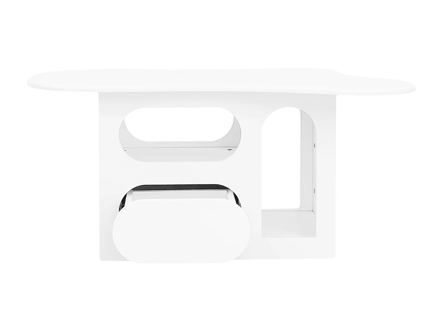 Table basse en forme de nuage avec tiroirs incurvés, compartiments de rangement ouverts, blanc