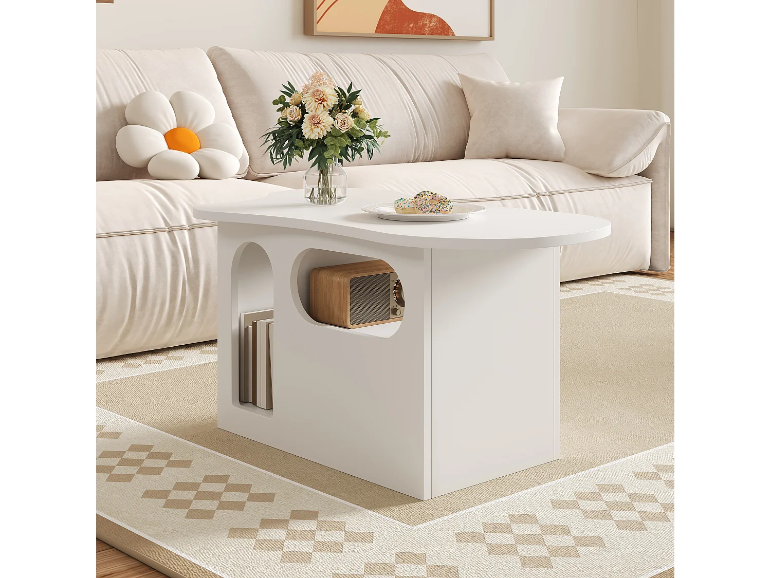 Table basse en forme de nuage avec tiroirs incurvés, compartiments de rangement ouverts, blanc