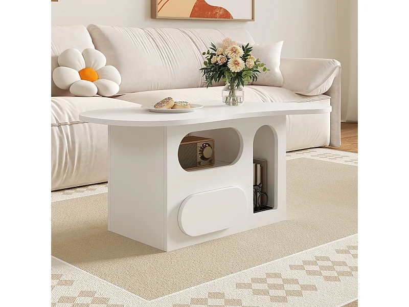 Mesa de centro en forma de nube con cajones curvos, compartimentos de almacenamiento abiertos, color blanco