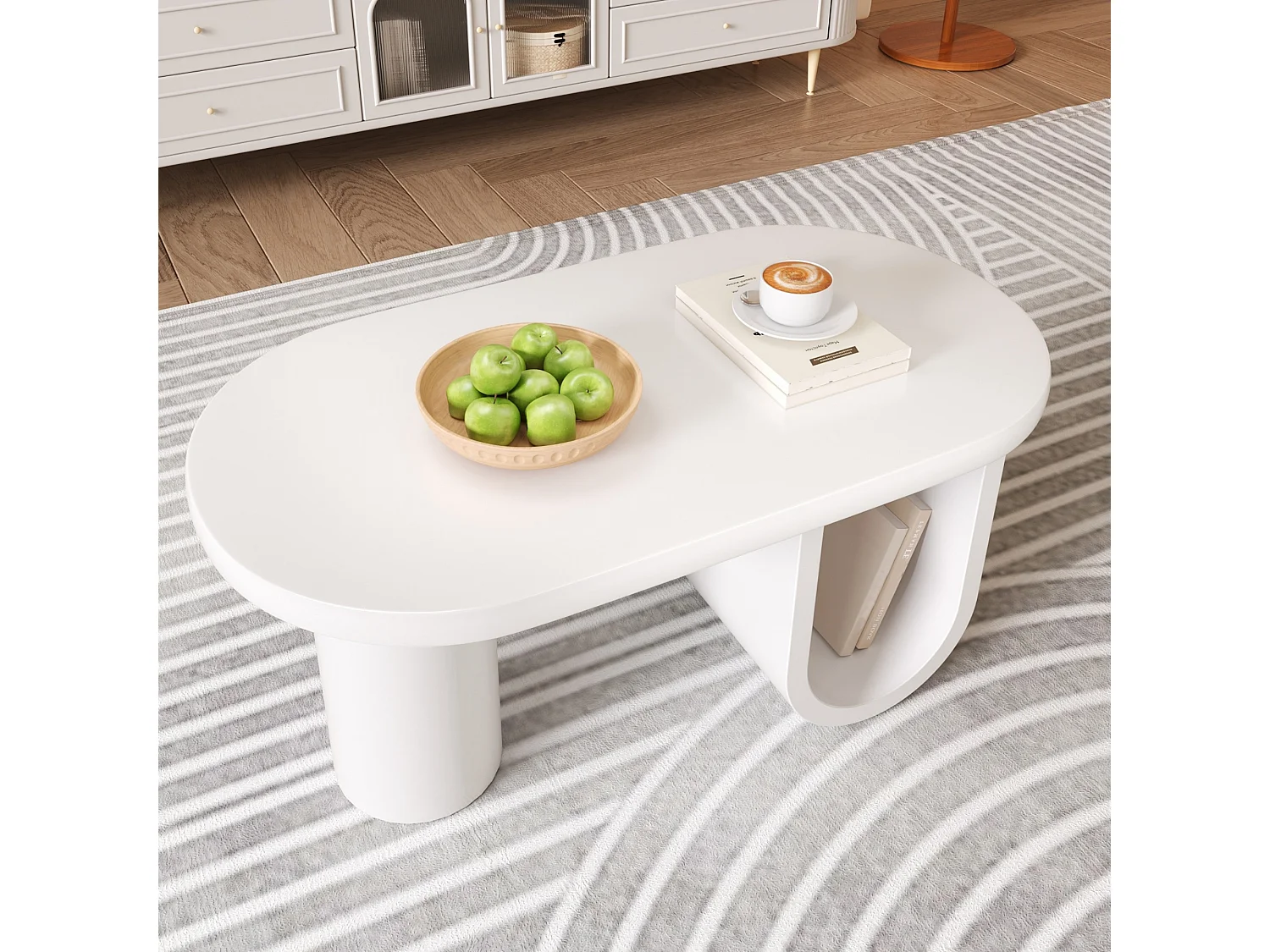 Table Basse Ovale Moderne en Blanc, avec Un Design Simple, des Pieds Solides en Forme de U