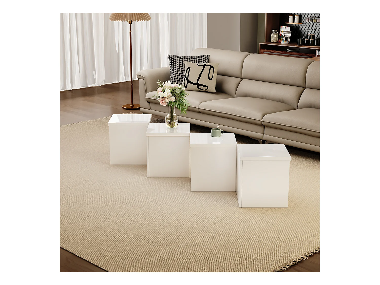 Mesas de sala de estar com tampos brilhantes, mesas de centro livremente combináveis, brancas