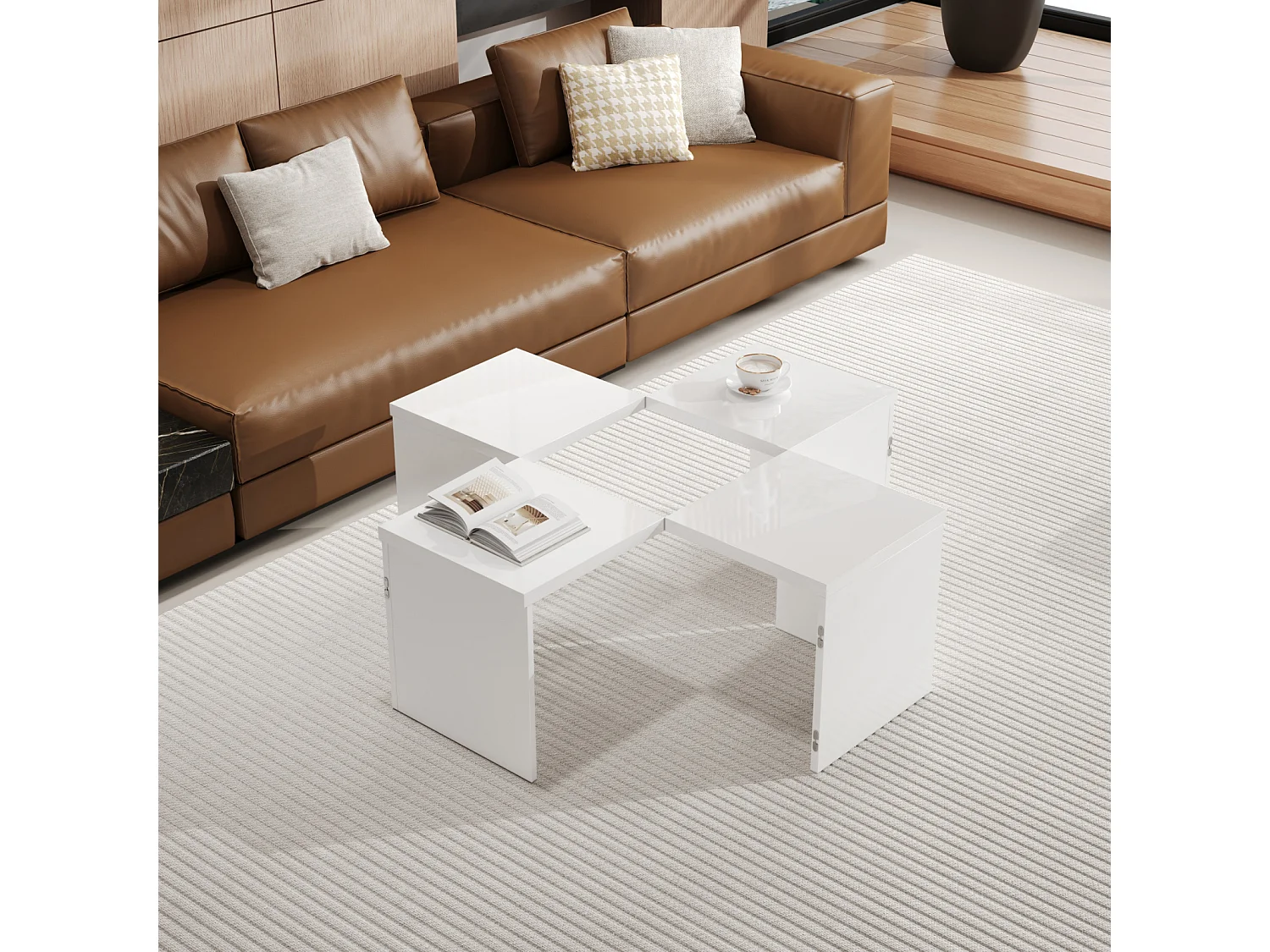 Tables de Salon avec Plateaux Brillants, Tables Basses Librement combinables, Blanc