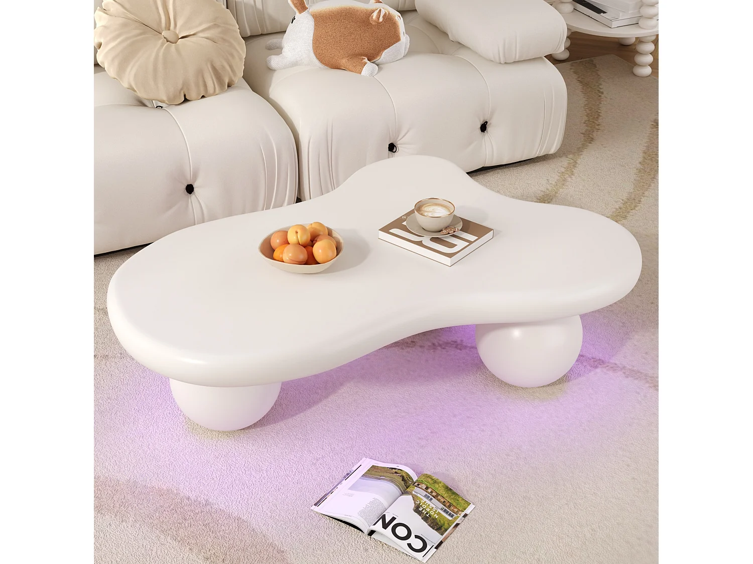 Mesa de Centro Irregular, Mesa Lateral Baixa com LED e 3 Pernas Esféricas, Branca