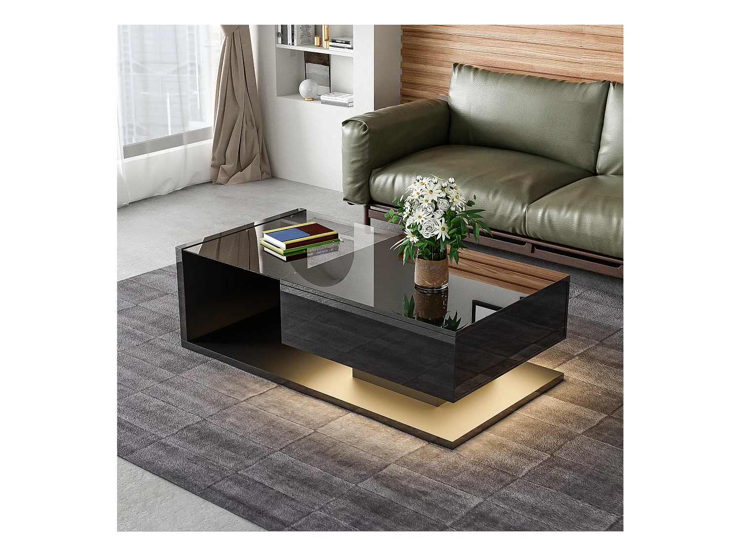 Mesa de centro moderna con 1 cajón y LED, mesa de salón con tablero de cristal, color negro