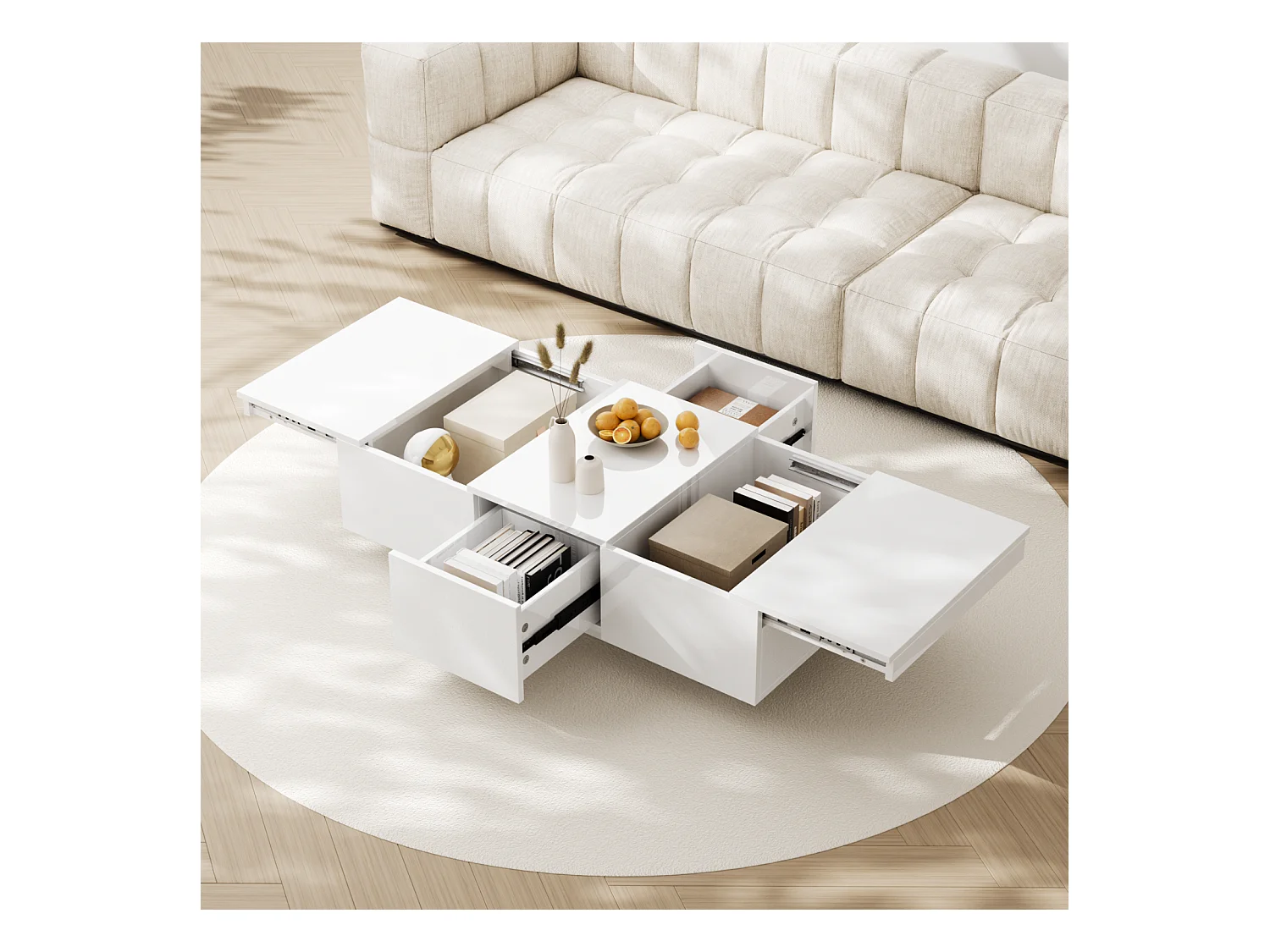 Table basse haute brillance avec 2 tiroirs de rangement, table basse moderne et extensible, blanc
