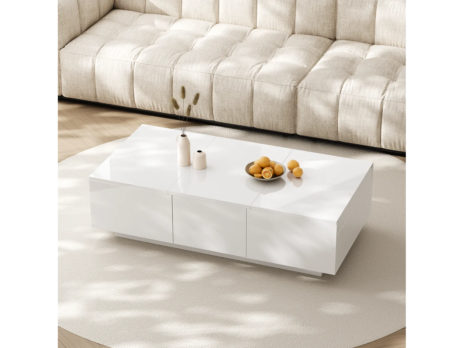 Table basse haute brillance avec 2 tiroirs de rangement, table basse moderne et extensible, blanc