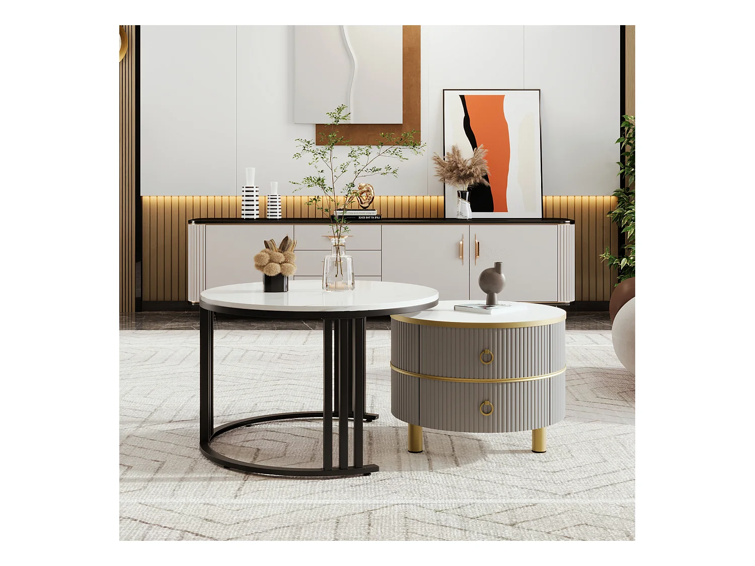 Juego de 2 mesas de centro redondas modernas con chapa de mármol brillante y 2 cajones, color gris