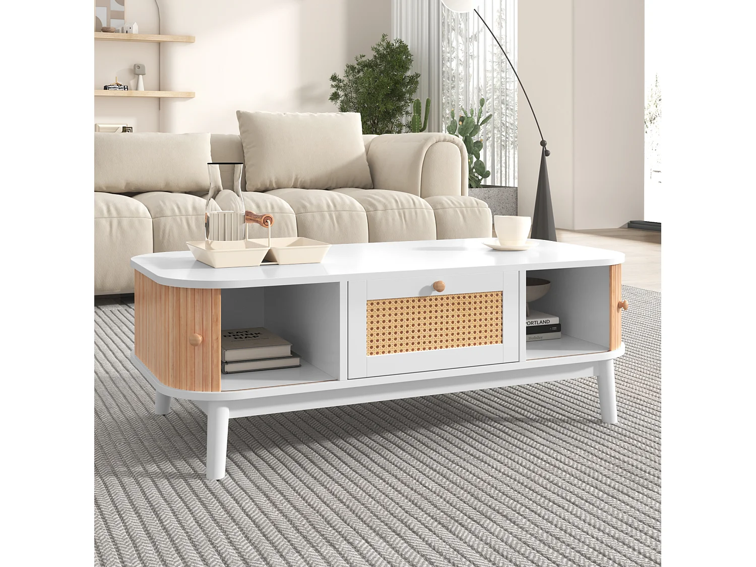 Table basse avec tiroirs et portes coulissantes, table de salon avec espaces de rangement, blanc