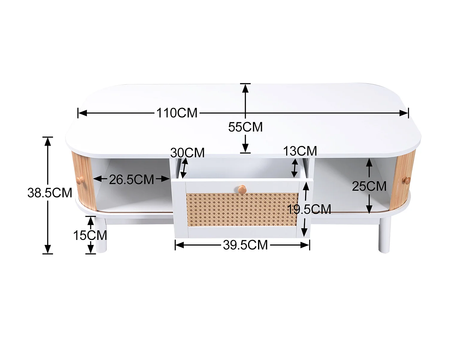 Table basse avec tiroirs et portes coulissantes, table de salon avec espaces de rangement, blanc