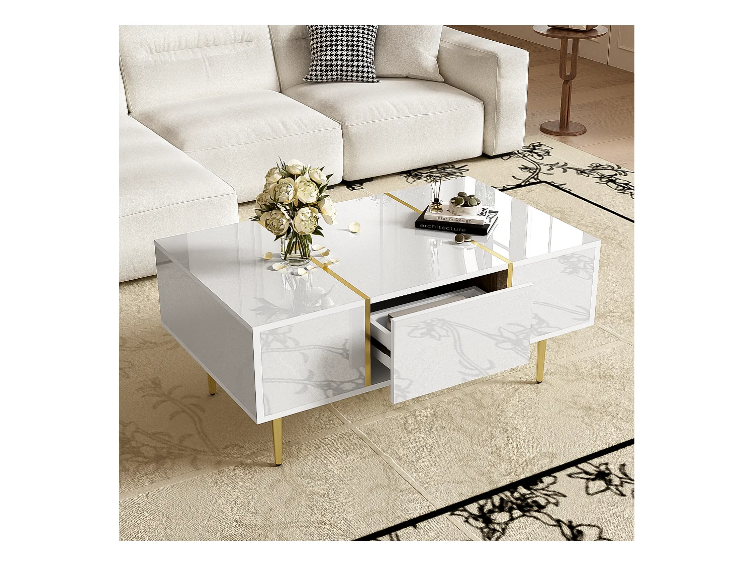 Table Basse Rectangulaire, avec 2 Tiroirs, Table Basse en Bois avec des Lignes Dorées, Blanc