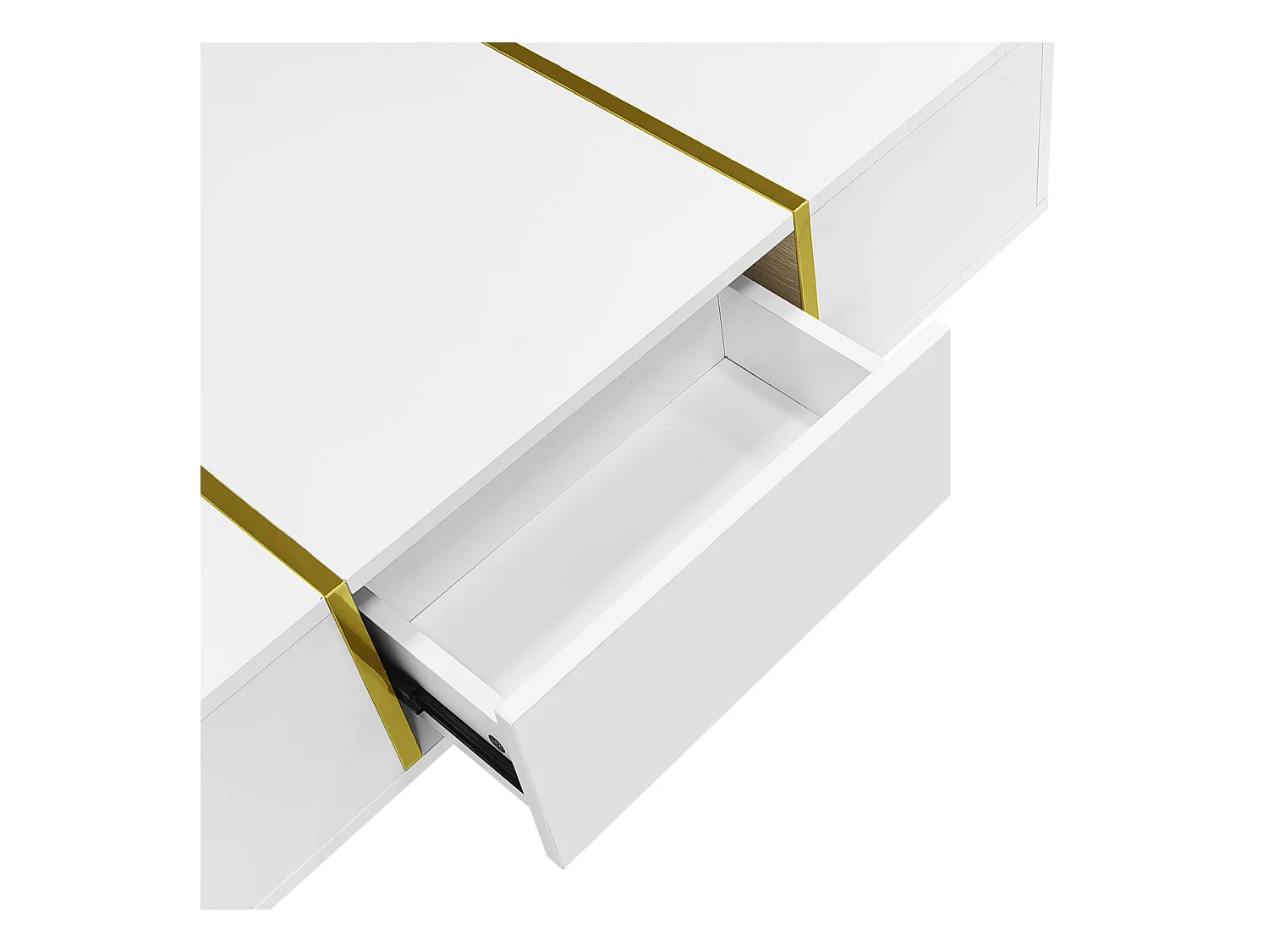 Table Basse Rectangulaire, avec 2 Tiroirs, Table Basse en Bois avec des Lignes Dorées, Blanc