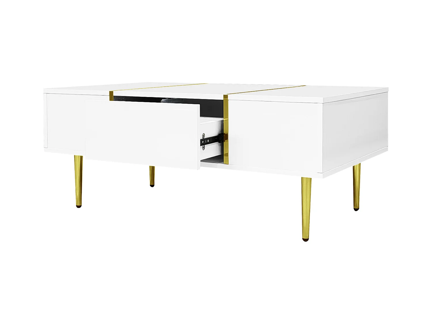 Table Basse Rectangulaire, avec 2 Tiroirs, Table Basse en Bois avec des Lignes Dorées, Blanc