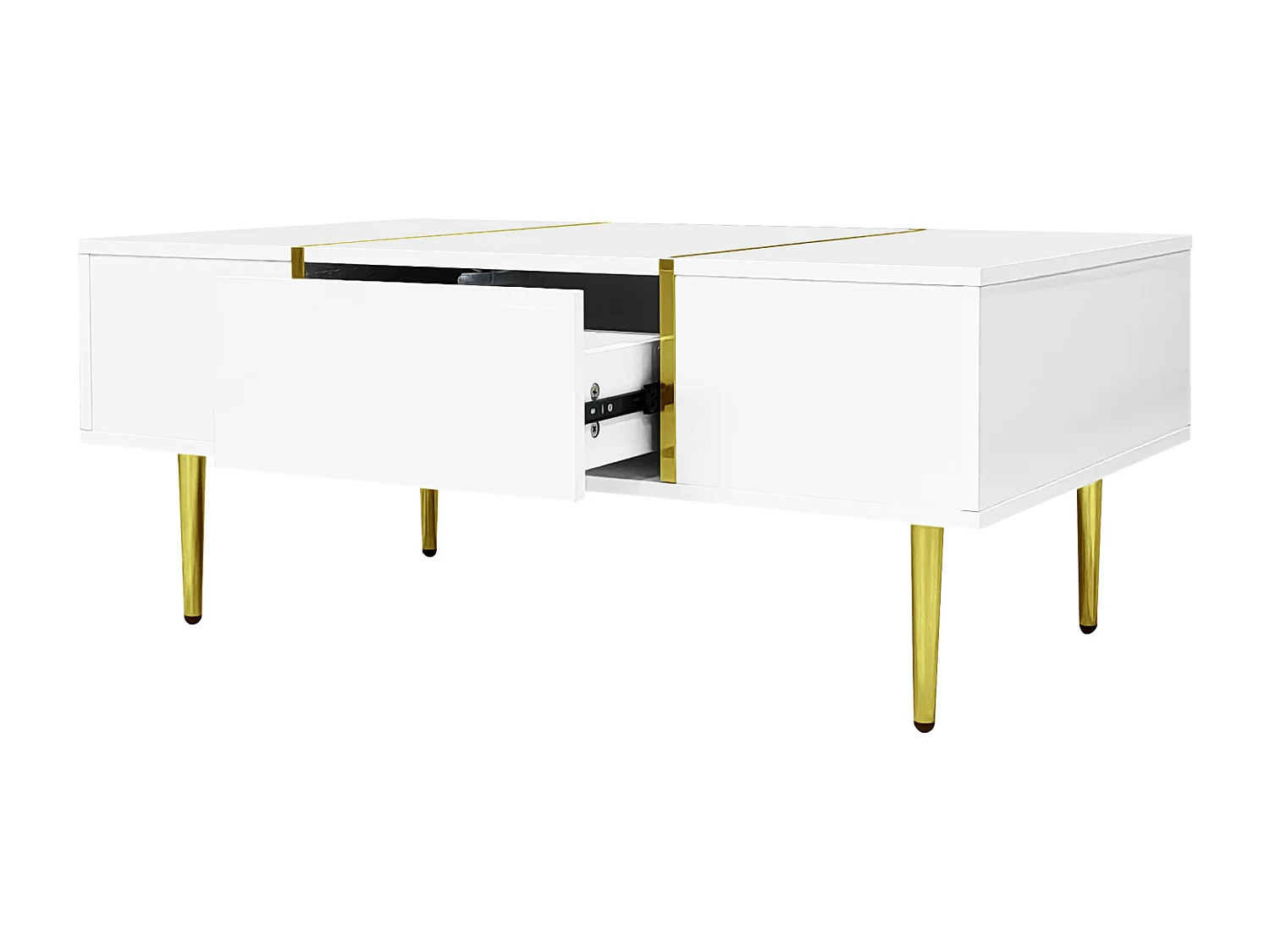 Table Basse Rectangulaire, avec 2 Tiroirs, Table Basse en Bois avec des Lignes Dorées, Blanc