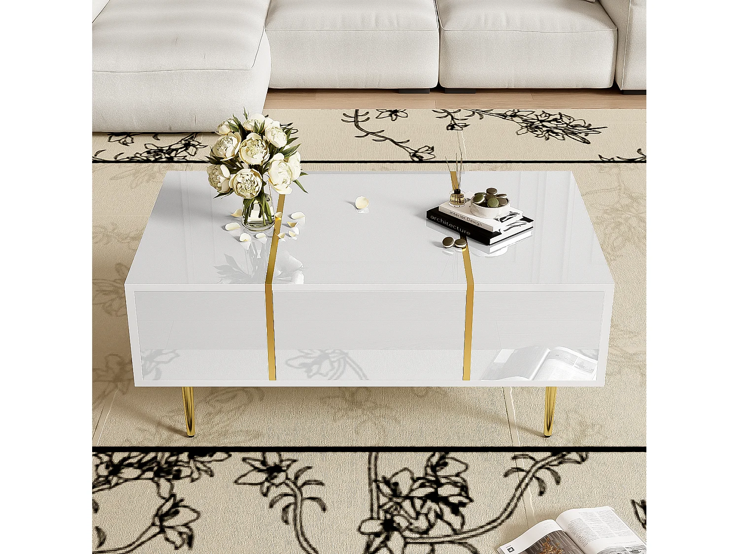 Table Basse Rectangulaire, avec 2 Tiroirs, Table Basse en Bois avec des Lignes Dorées, Blanc