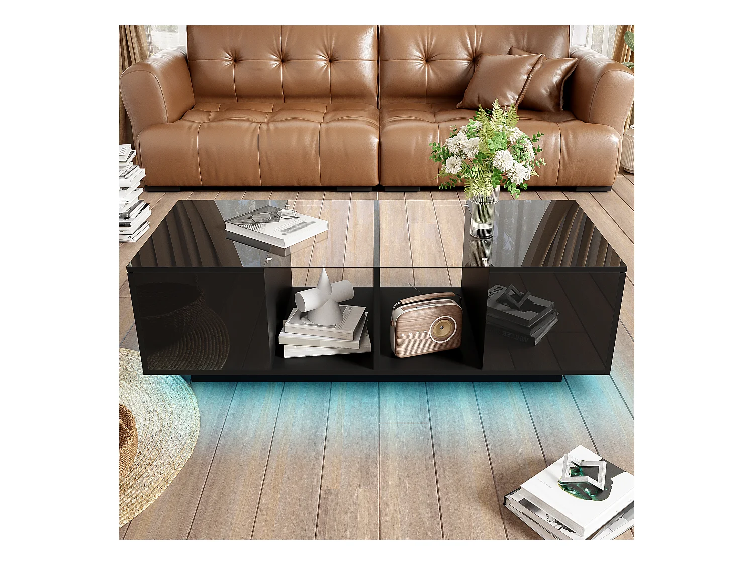 Table Basse Moderne Noir avec LED, avec Deux Portes de Placard et Beaucoup d'espace de Rangement