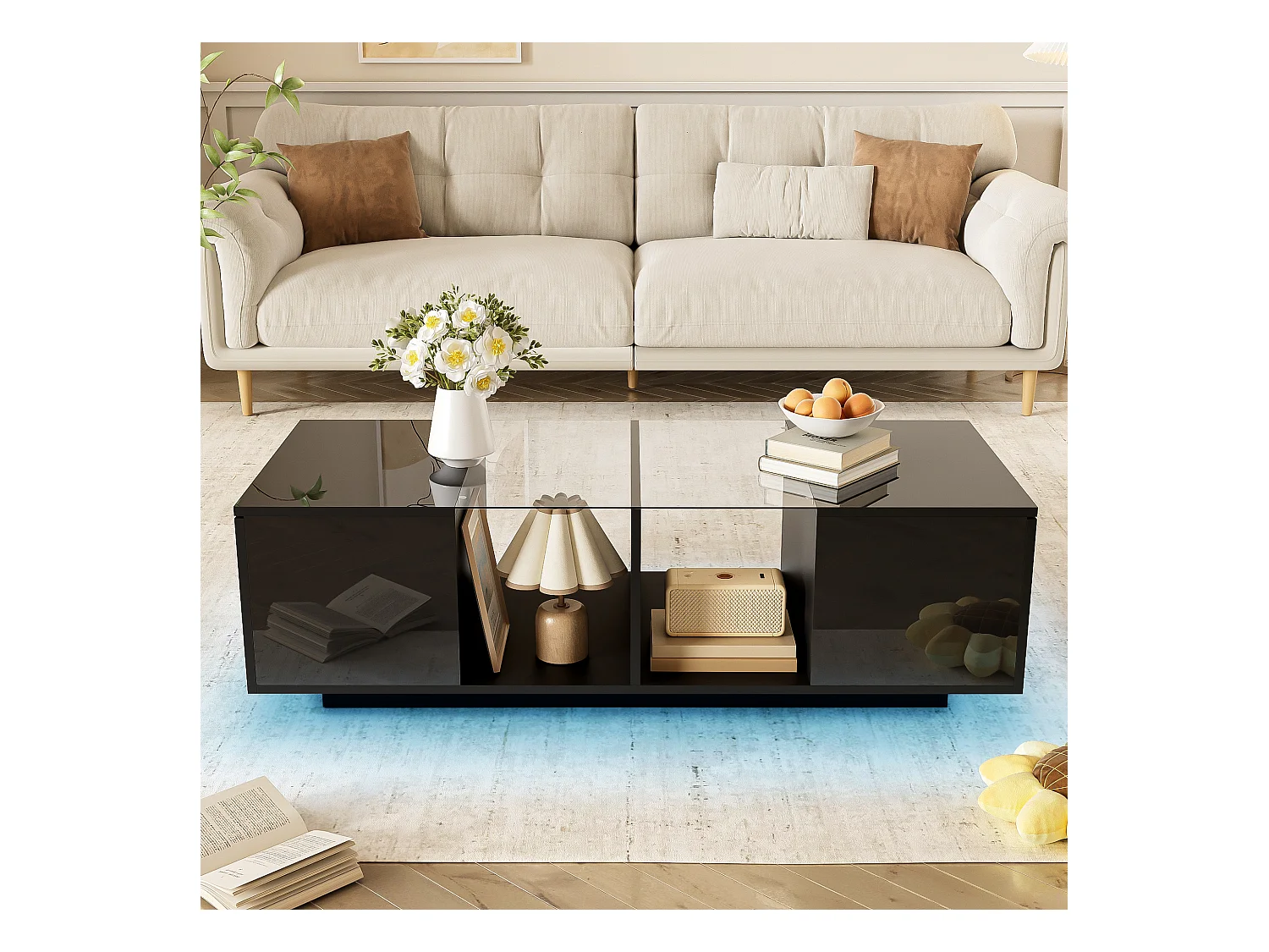 Table Basse Moderne Noir avec LED, avec Deux Portes de Placard et Beaucoup d'espace de Rangement