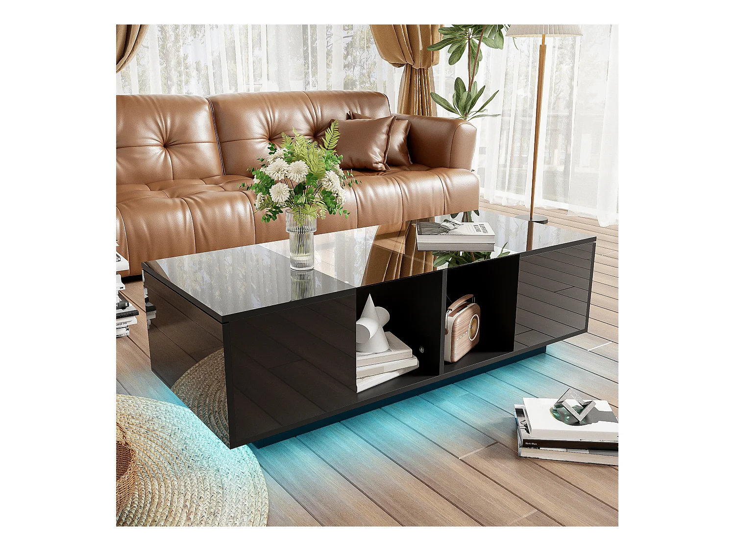 Mesa de centro moderna negra con LED, dos puertas y amplio espacio de almacenamiento.