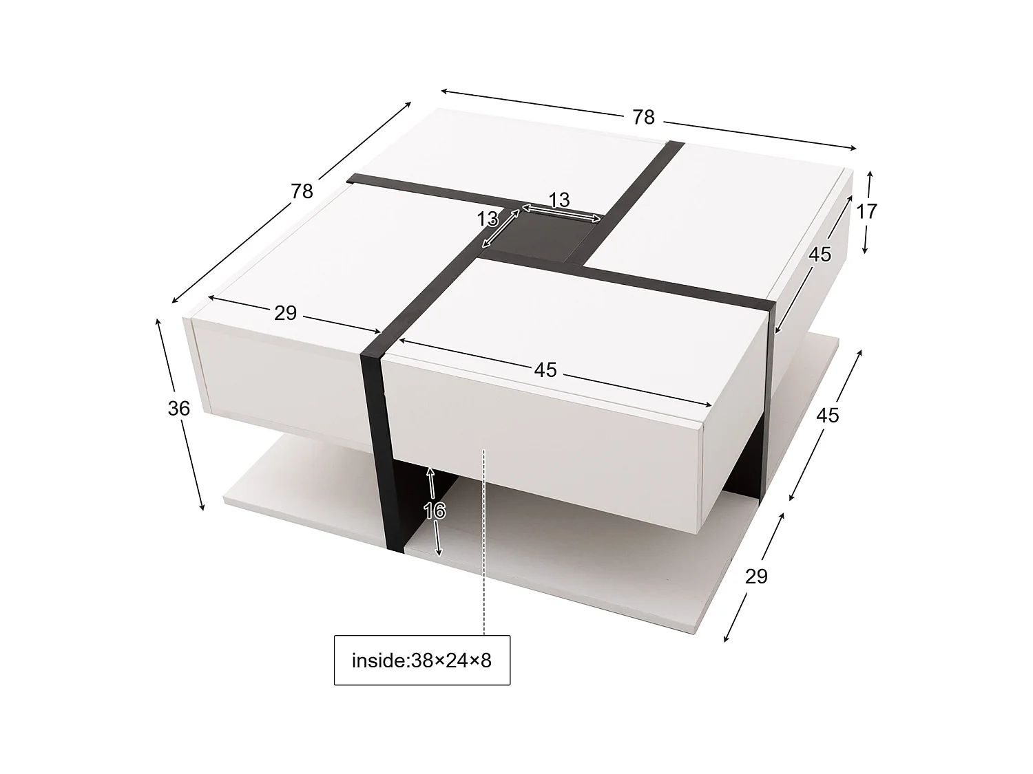 Table basse de salon, avec 4 tiroirs, moderne, avec deux étagères, design unique, blanche