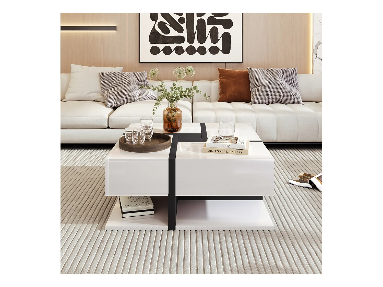 Table basse de salon, avec 4 tiroirs, moderne, avec deux étagères, design unique, blanche