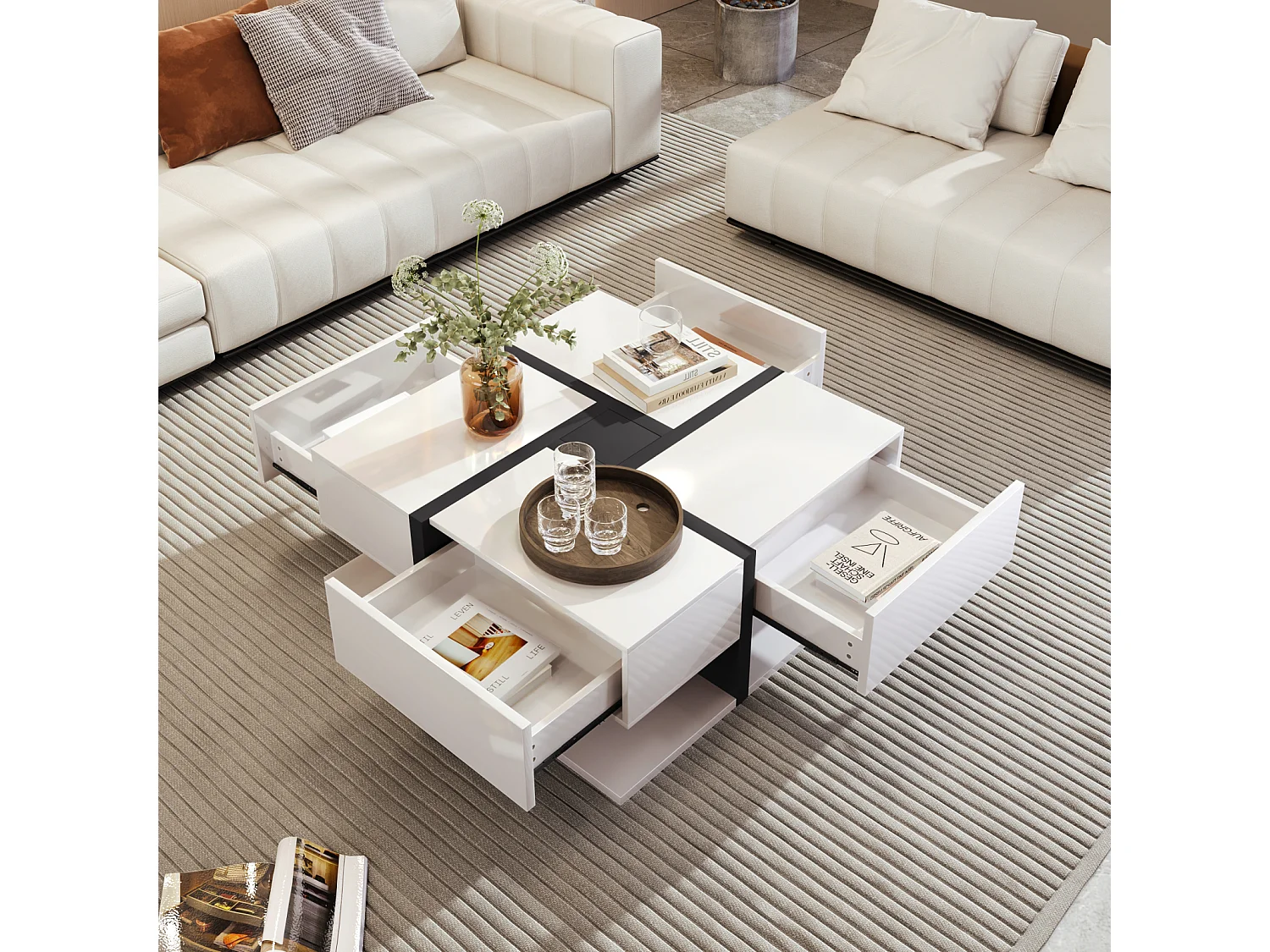 Table basse de salon, avec 4 tiroirs, moderne, avec deux étagères, design unique, blanche